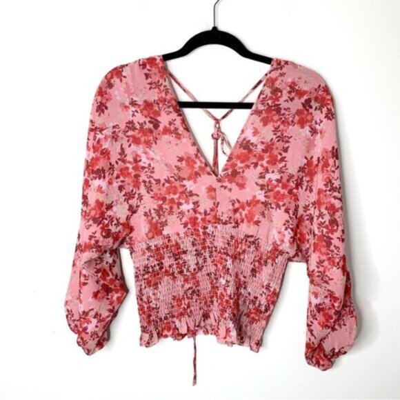 Wayf Women's Blouse Floral Print Smocked Waist Top Pink Red V-neck Boho chic S - Picture 12 of 13